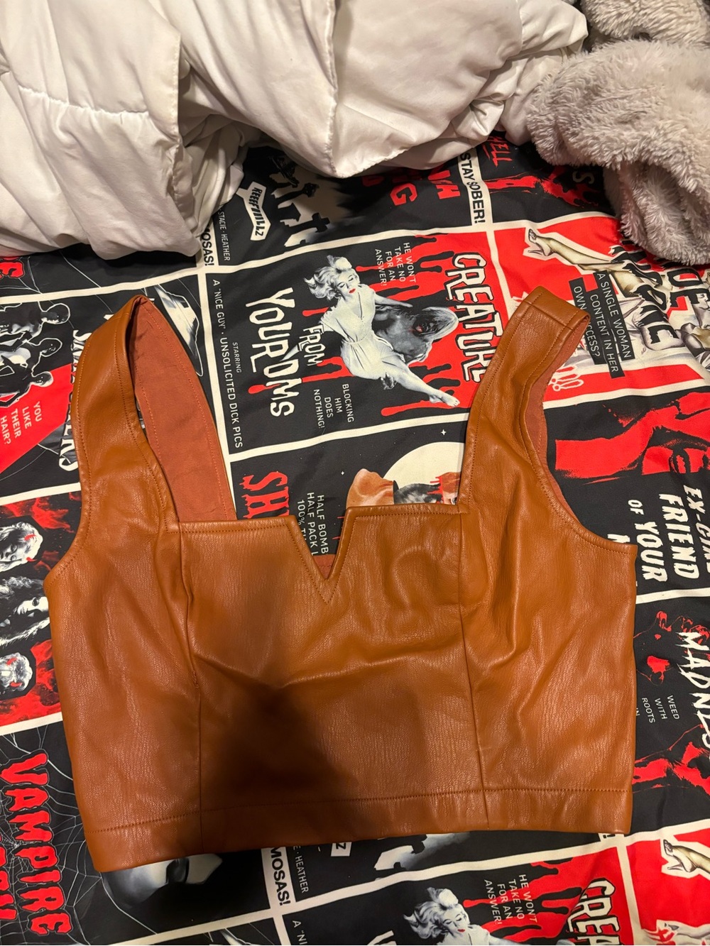 Maeve Tan Brown Faux Leather Square-Neck Crop Top